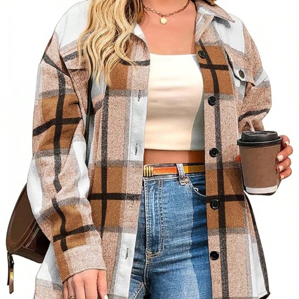 Brown Oversized Plaid Shacket/ Jacket- L